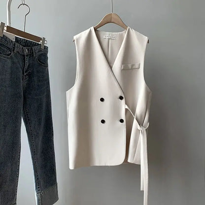 2024 Women Spring Autumn New Loose Suit Vest Jacket Female V-neck Sleeveless Coats Ladies Casual Double Breasted Waistcoat W681