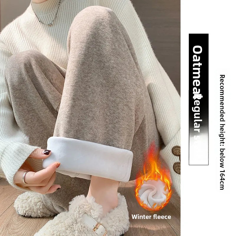 2025Hot Fleece Woman Pants Winter Elastic Waist Warm Leggings Solid Casual Thicken High Waist Straight Comfort Wide Leg Trousers