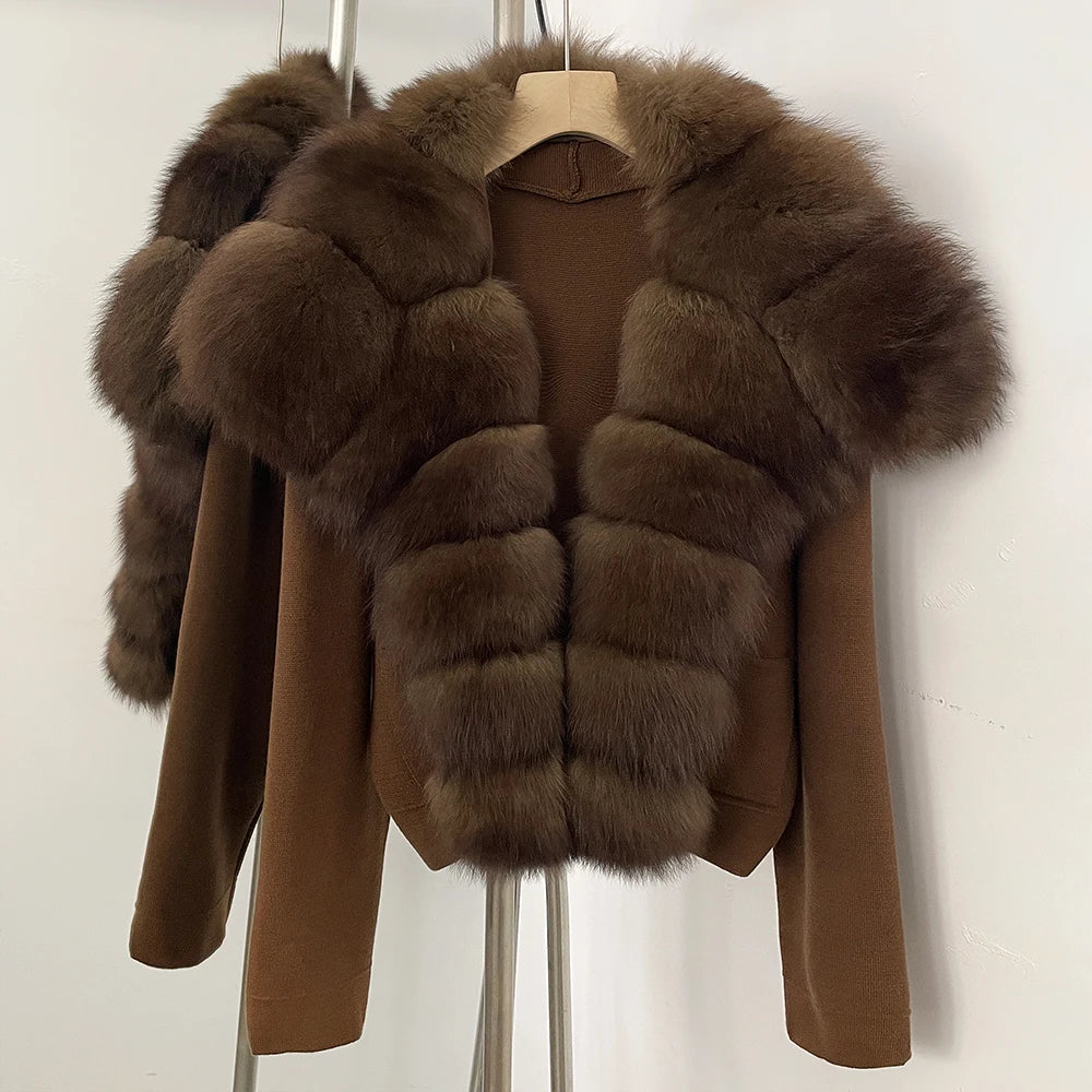 Elegant Knitted Cardigan Women's Sweater Knitting Jacket with Fur and cuffs Knitted Women's Long Sleeve Top Short Sweater