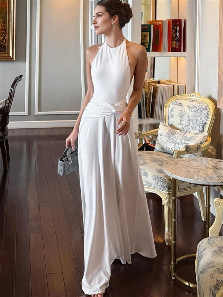 Tossy White Backless Summer Long Dress Women's Pleated Lace-Up See-Through High Waist Tassel Bodycon Dress Female Maxi Dress New