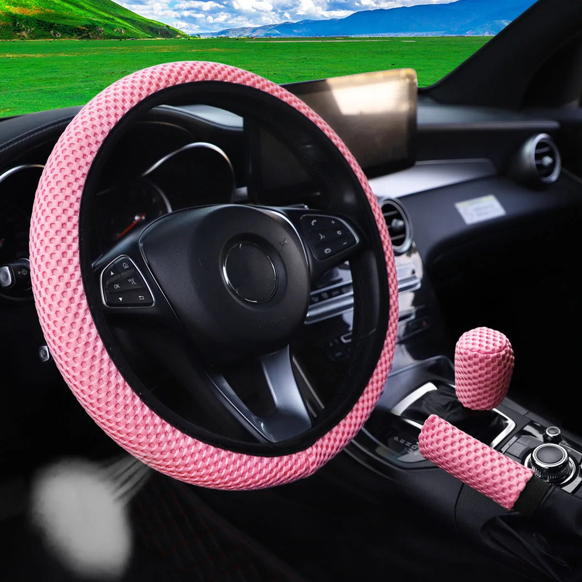 Three-piece three-dimensional breathable massage net car non-slip steering wheel cover, handbrake cover, gearshift cover