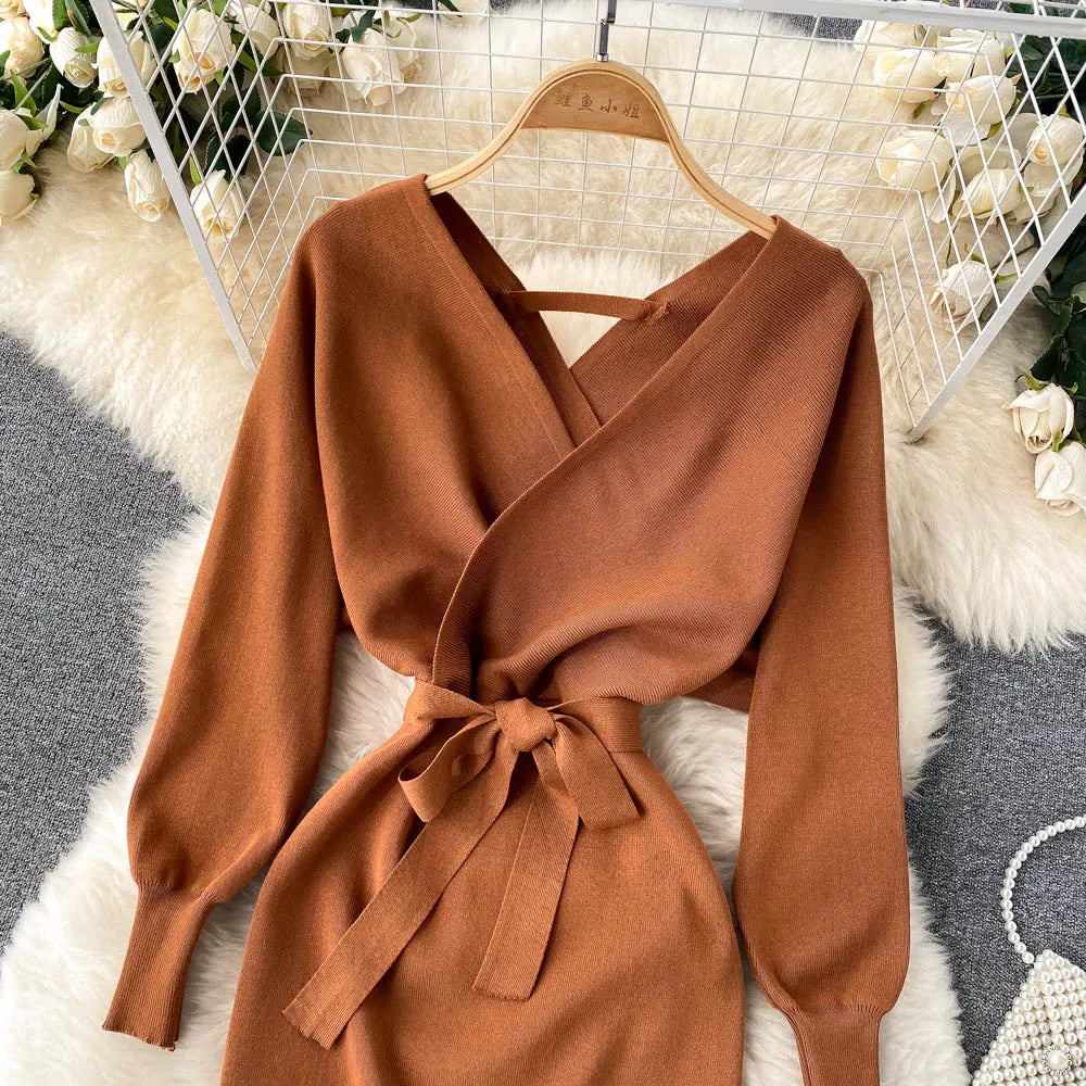 YuooMuoo Women Dress 2025 Autumn Winter Elegant Sash Bandage Bodycon Mini Dress Chic Fashion Y2K Knitted Ladies Dresses Party