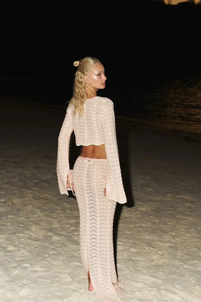 2025 New Knitting 2Pc Bikini Set Long Sleeve Backless Crop Tops and Skirt Set Women Bodycon Skirts Sexy Beach Casual Dress