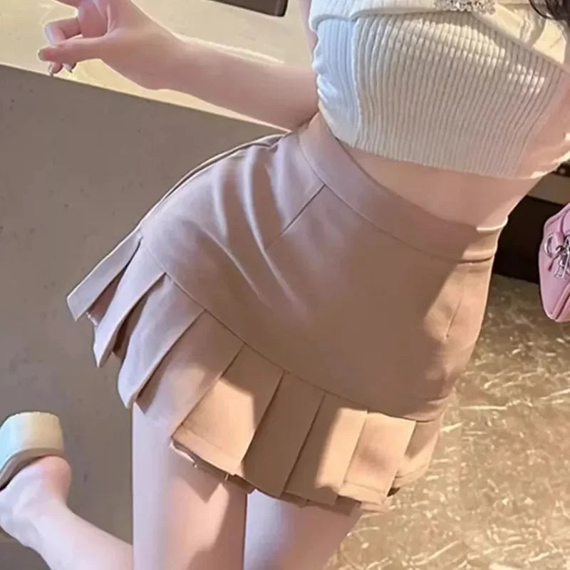 Black High Waist Pleated Mini Skirts Women 2026 Summer Zipper Slim Fit A Line Skirt Woman Korean Solid Suit Short Skirts Ladies