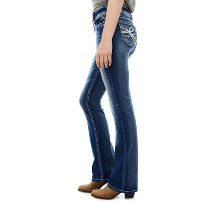 Womens Jeans Mid Waisted Straight Leg Long Pants Stretch Juniors Jeans Washed Back Pocket Embroidered Slim Fit Jeans For Women