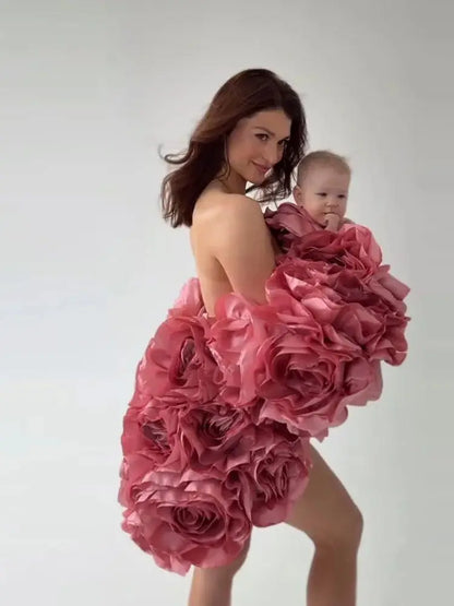 Amazing Rose Pink Handmade Flower Jacket Bicep Cape Maternity Women Jacket For Photoshoots Female Outerwear Coat