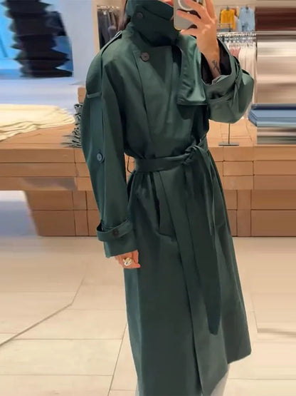 Chic Women's Long Trench Coat Stylish Stand Collar Belted Loose Windbreaker Outerwear Autumn New Dark Green Maxi Overcoat Outfit