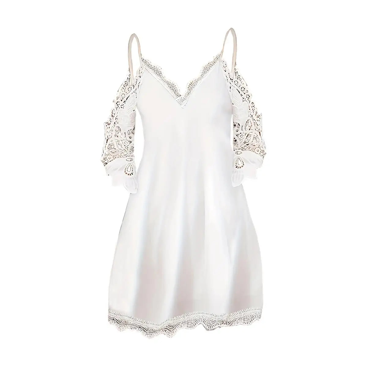 Floral Lace Trim V Neck Dress, Cold Shoulder Short Sleeve Dress For Spring & Summer, Women's  Clothing
