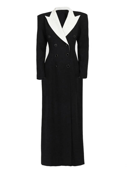 DEAT Fashion  Contract Color Lapel Long Blazer Women's  Double Breasted Retractoin Waist Slim Fit Suit Jacket Spring New 7AB6826