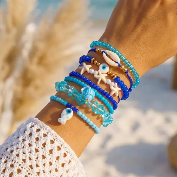 Cute Coral Starfish Shell Multi-Layer Bracelet for Women Ocean Series Fashion Stackable Beaded Jewelry Accessories