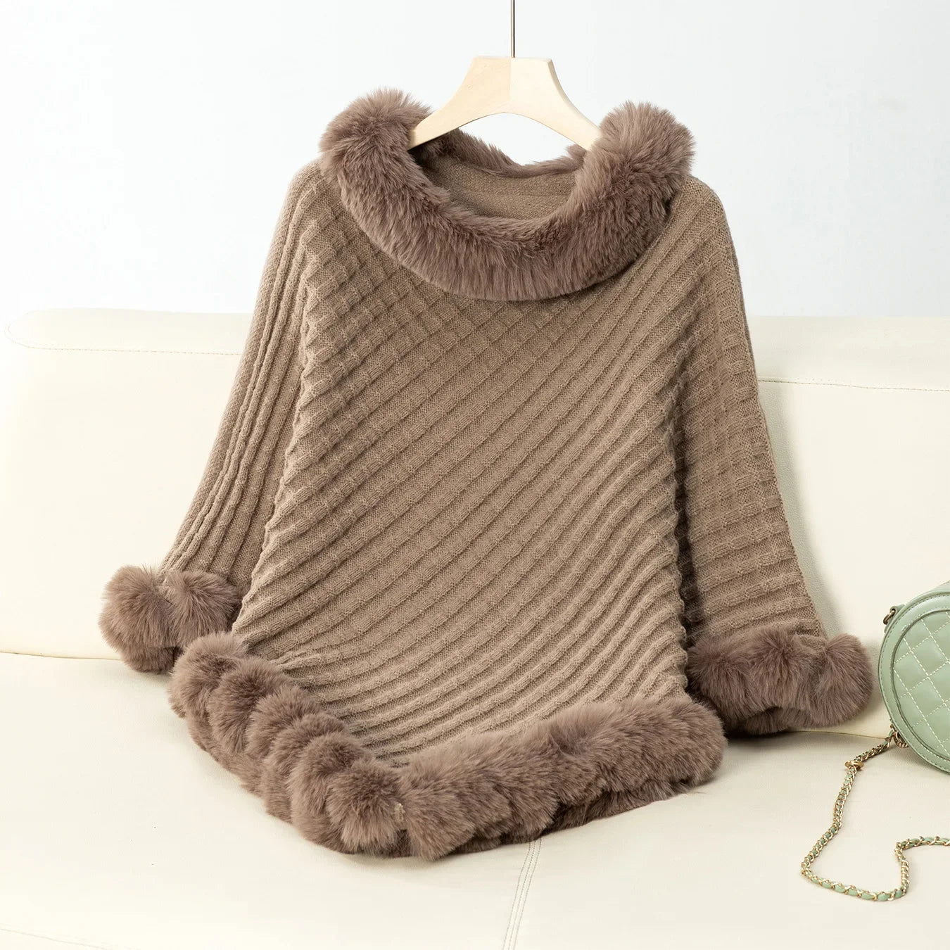 Knitted Cloak Sweater Women Shawl Outwear Warm Hairball Knit Casual Loose Plaid Poncho Cape Coat Spliced Solid Elegant
