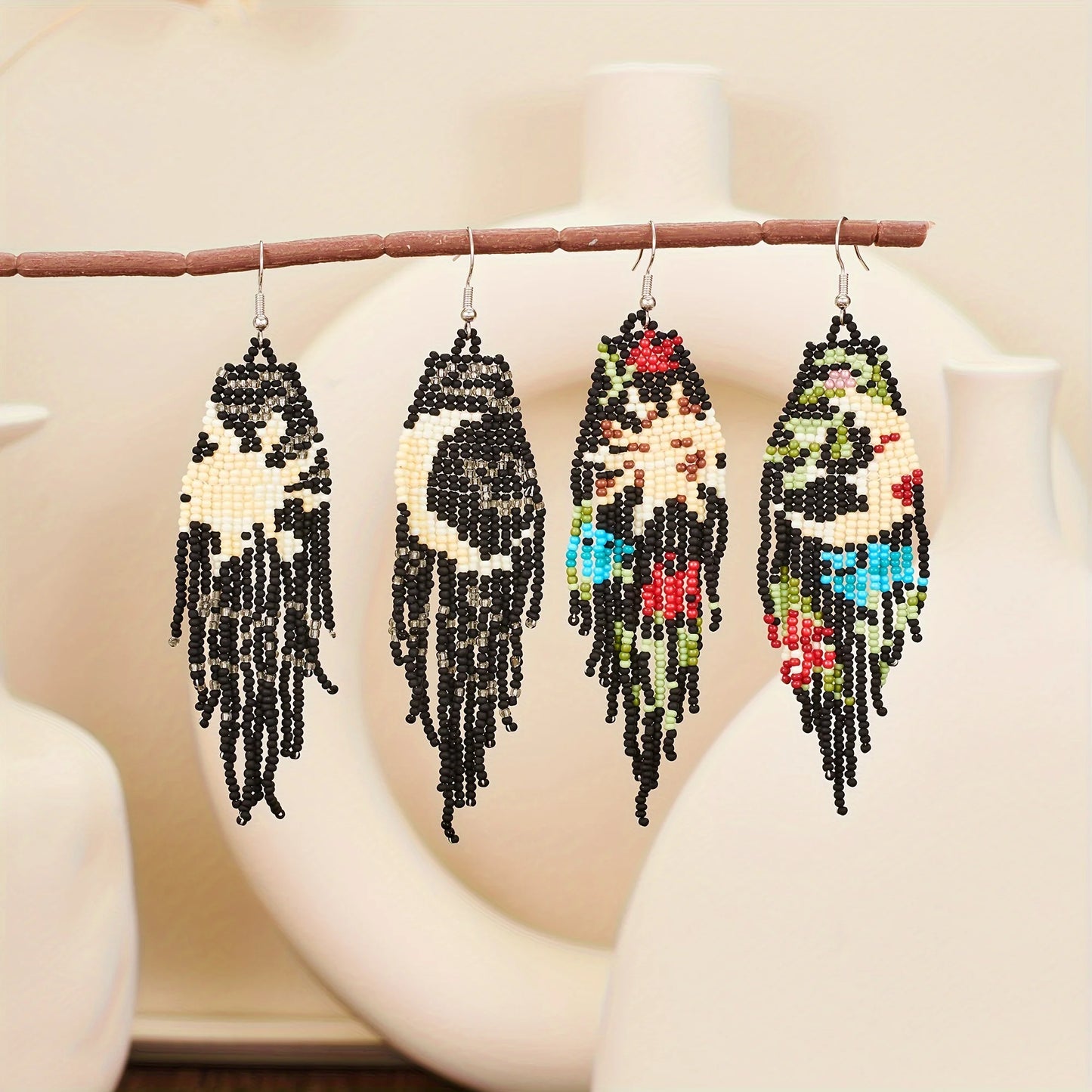 Bohemian Asymmetric Earrings, Star Moon Scenery Tassel Earrings, Handmade Beaded Earrings