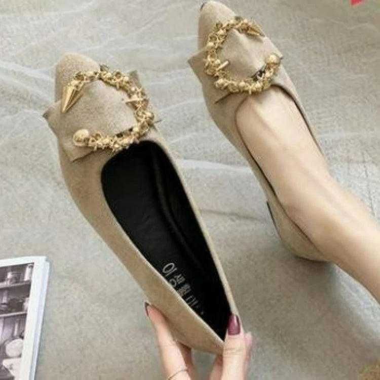 Women's Flats Pointed Toe Loafers Fashion Low Heel Casual Shoes Comfortable Shallow Shoes Slip On Metal Decorative Women Shoes