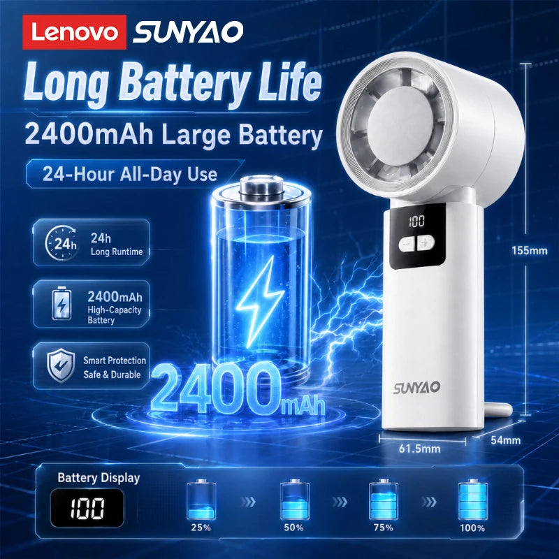 Lenovo FS001 Portable 199-Speed Stepless Adjustable Desktop Fan LED Digital Display 6H Long Battery Life Handheld Fan for Home