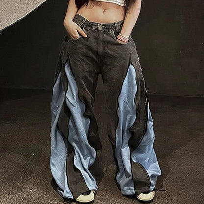 American Y2K Street Color Stitching Washed Jeans Female Y2K Harajuku Hip Hop Popular Baggy Slim Spice Girl Wide-leg Mop Pants