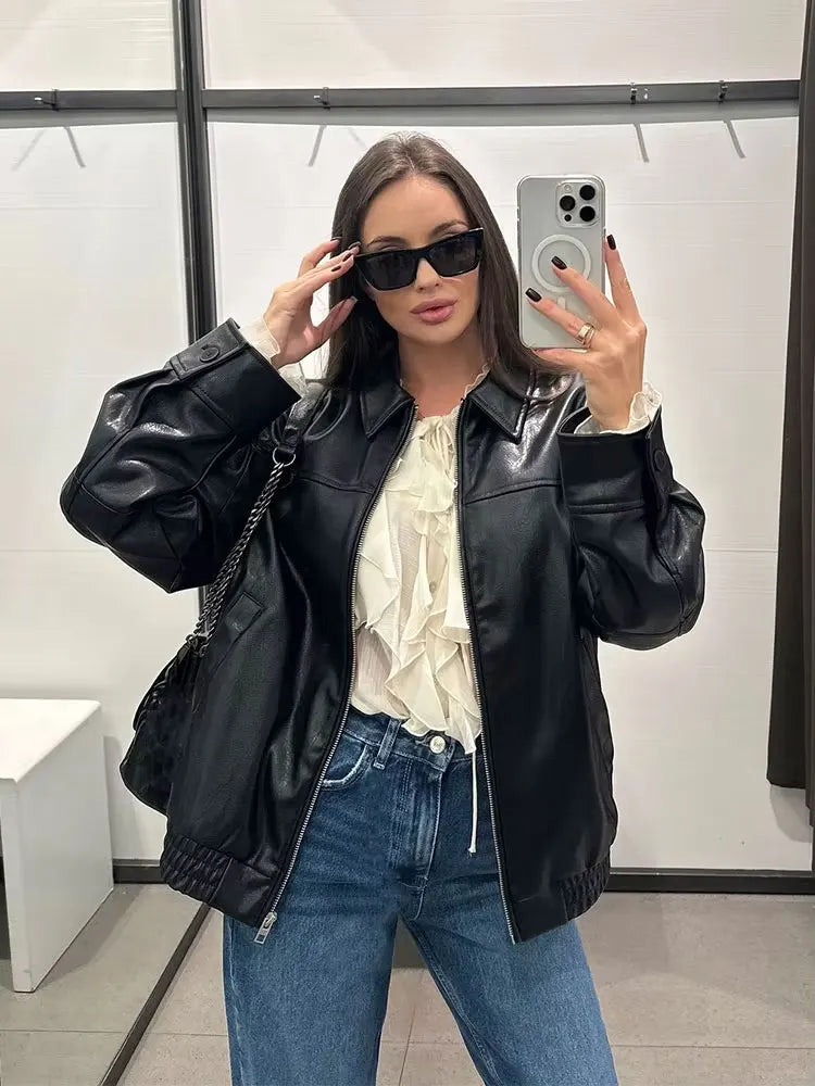 HH Female Streetwear Style Coats Solid Turn-Down Collar Long Sleeves Pockets Zipper Autumn Jackets Woman 2024 Trendy 2 Color