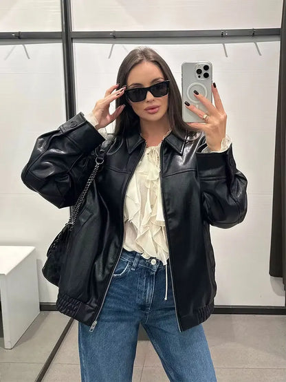 HH Female Streetwear Style Coats Solid Turn-Down Collar Long Sleeves Pockets Zipper Autumn Jackets Woman 2024 Trendy 2 Color