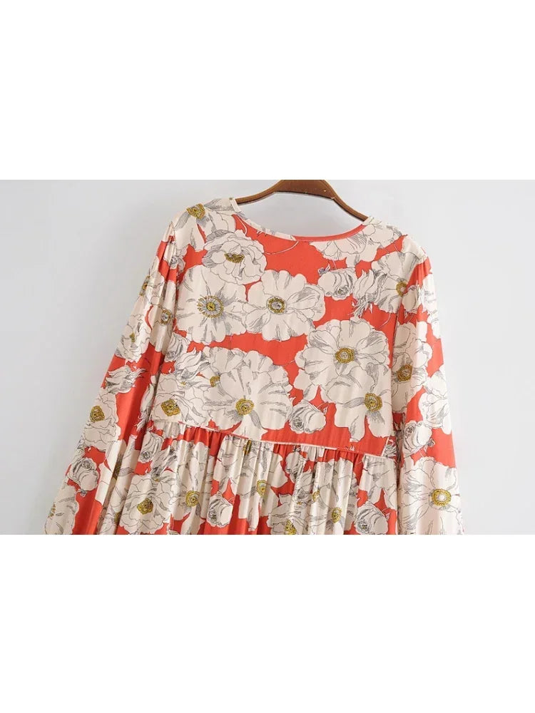 Ethnic Multi Floral Print Vintage Chic Women Long Sleeve Tie Neck Beach Bohemian Maxi Dresses Ladies Rayon Boho Dress Vestidos