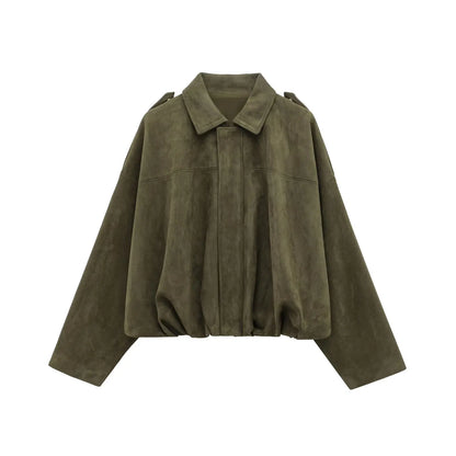 Vintage Faux Suede Short Jackets For Women Zipper Fashion Loose Bomber Jacket Coat Autumn Winter 2025 New Chic Casual Outerwears
