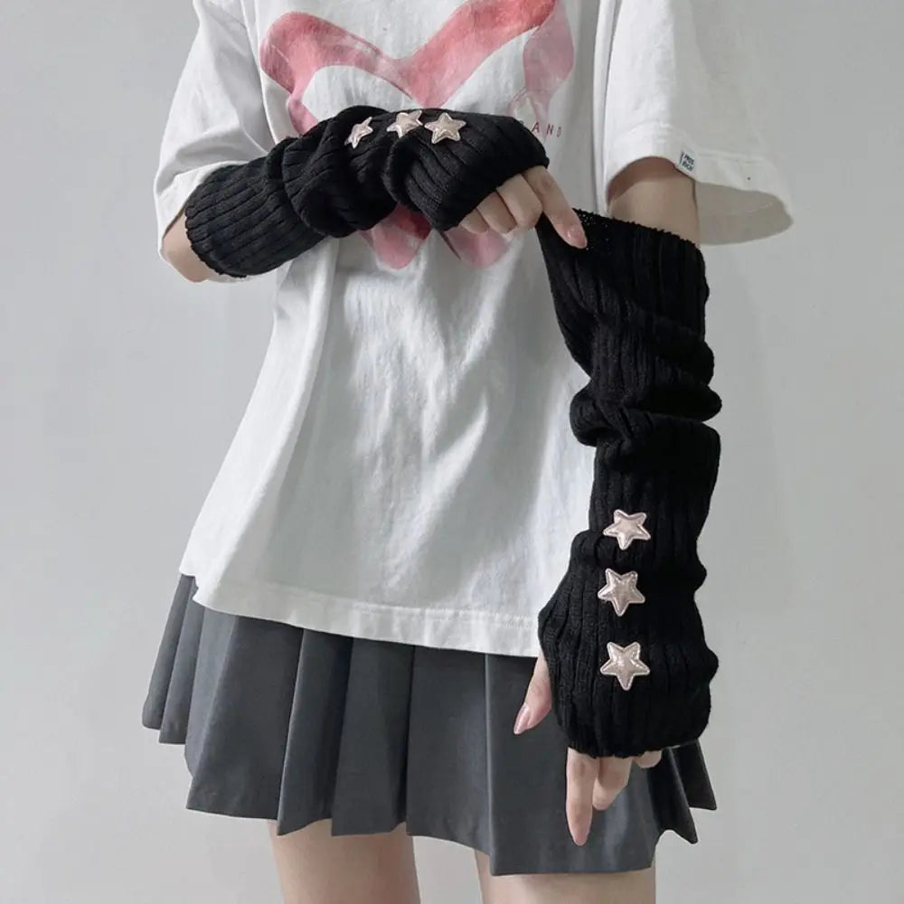 Punk Solid Color Star Knitted Gloves Y2k Gothic Wool Sleeve Cuff Long Hand Sleeve Arm Warmers Winter