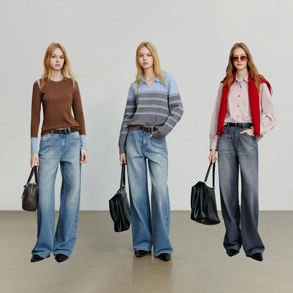 TOYOUTH Women Denim Jeans 2025 Autumn New Cotton High Street Wide Leg Pants Gray