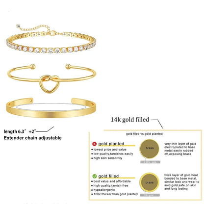 3pcs Stainless Steel Gold Plated Bracelets for Women Adjustable Jewelry Gifts Luxury Zircon Chain Bangles Jewelry Accessories