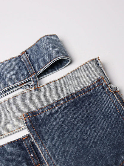 VGH Colorblock Streetwear Denim Skirts For Women High Waist Spliced Button Hollow Out Casual Irregular Skirt Female Fashion New