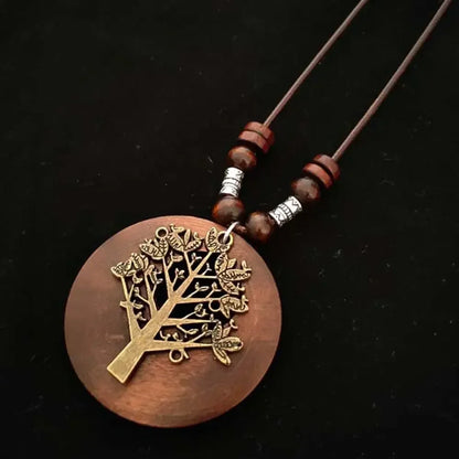 Retro Ethnic Round Wooden Leaf Owl Long Sweater Chain Necklace Women Vintage Clock Pendant Female Jewelry Neck Accessories Gifts