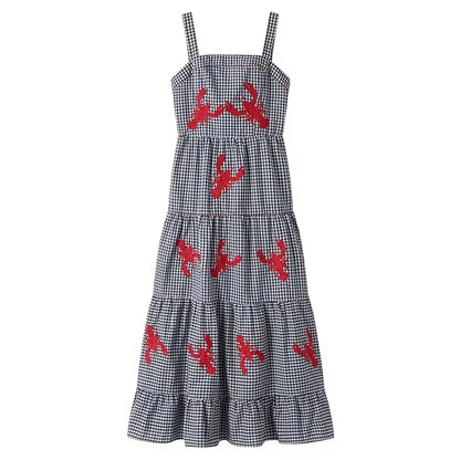 HXAO Women Ruffle Embroidery Slip Dress Sleeveless Plaid Dress Pleated Backless Beach Dress Holiday Woman Summer Dress 2024