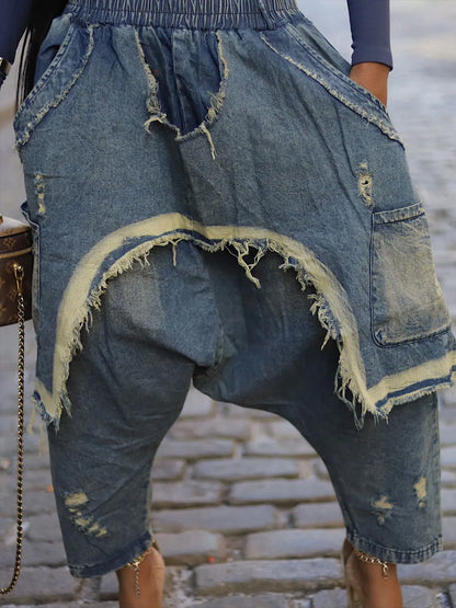 Jeans Women Harem Pants Hole Elastic Waist Tassels Washed Distressed Pockets Streetwear 2025 Ripped Ankle Length Trousers
