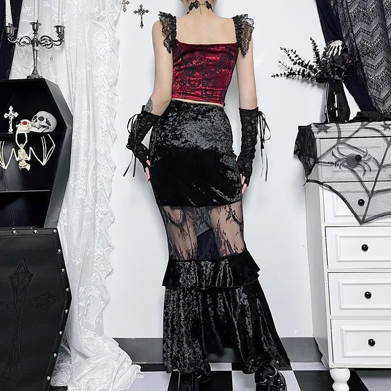 Goth Dark Ruched Vintage Gothic Aesthetic Velvet Skirts Grunge Mesh Splice Sexy Mermaid Skirt Women High Waist Elegant Partywear