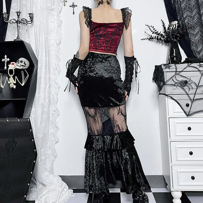 Goth Dark Ruched Vintage Gothic Aesthetic Velvet Skirts Grunge Mesh Splice Sexy Mermaid Skirt Women High Waist Elegant Partywear