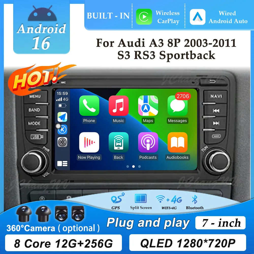 GPS Navigation 7 inch 4G Wifi Car Radio Android 16 for Audi A3 8P 2003-2011 S3 RS3 Sportback CarPlay Multimedia Player Video DSP