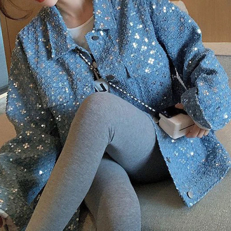 Blue sequined embroidered small fragrance jacket women's autumn and winter new jeans fashion design sense niche jacket