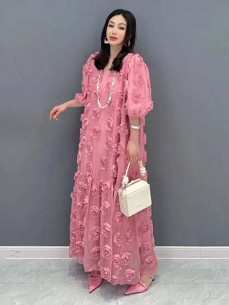 SHENGPALAE Fashion Rose Blossom Bubble Sleeve V-Neck Dress Elegan Chic Short Sleeve Robe Women's 2024 Summer New Clothing 5R3438