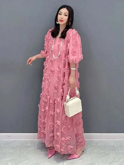 SHENGPALAE Fashion Rose Blossom Bubble Sleeve V-Neck Dress Elegan Chic Short Sleeve Robe Women's 2024 Summer New Clothing 5R3438