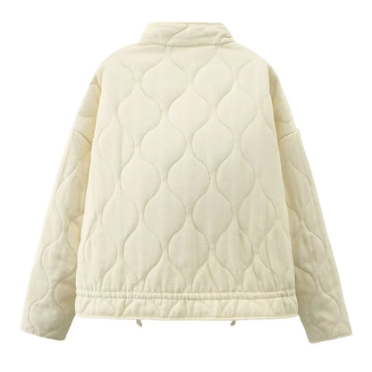 Women's Cotton Padded Jacket Winter Long-Sleeved Pocketed Loose Stand Collar Zipper Solid Color Coat Street Style Fash