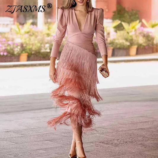French Elegant Deep V Neck Slim Prom Dresses 2025 Spring Solid Spliced Tassel Long Dress Woman Long Sleeve New Autumn Maxi Dress