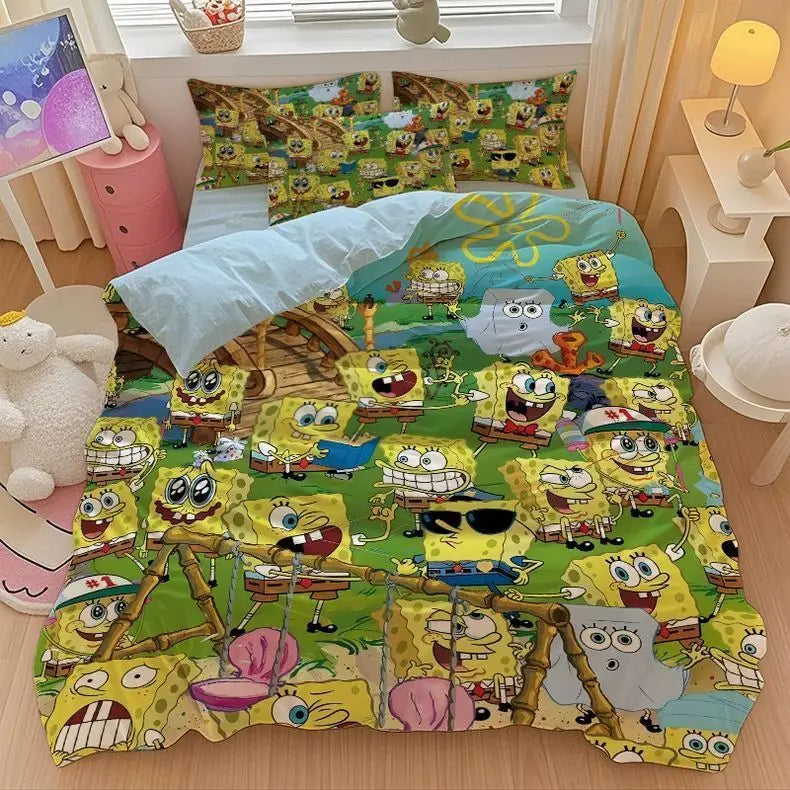 New Anime SpongeBobs Bedding Set Duvet Cover Bed Set Quilt Cover Pillowcase Comforter king Queen Size Boys Adult Bedding Set