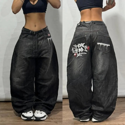 Y2K Gothic Retro Miss Me Boot Cut Jeans Women's Blue Denim Embroidery Cross Pocket Hip Hop Harajuku Wide Pants Street Wear