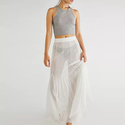 Fashion Women’s Mesh Sheer Long Skirts Elastic High Waist Ruffle Hem Flowy Skirts Casual A-line Midi Skirts