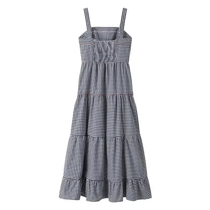HXAO Women Ruffle Embroidery Slip Dress Sleeveless Plaid Dress Pleated Backless Beach Dress Holiday Woman Summer Dress 2024