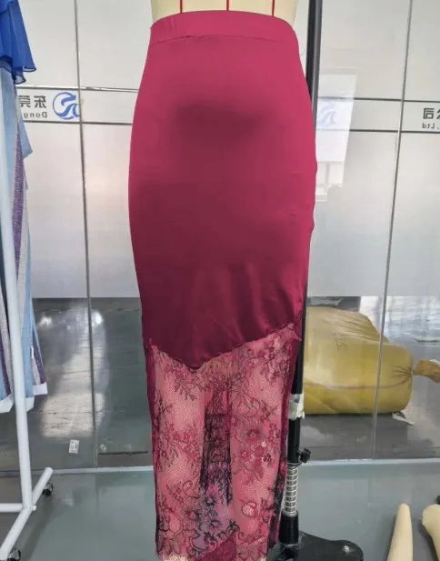 Patchwork Lace Maxi Skirt Women Chic Solid Waist Cinching Hollow Out Long Loose Bottoms Lady Party Daily Street Outerwear New