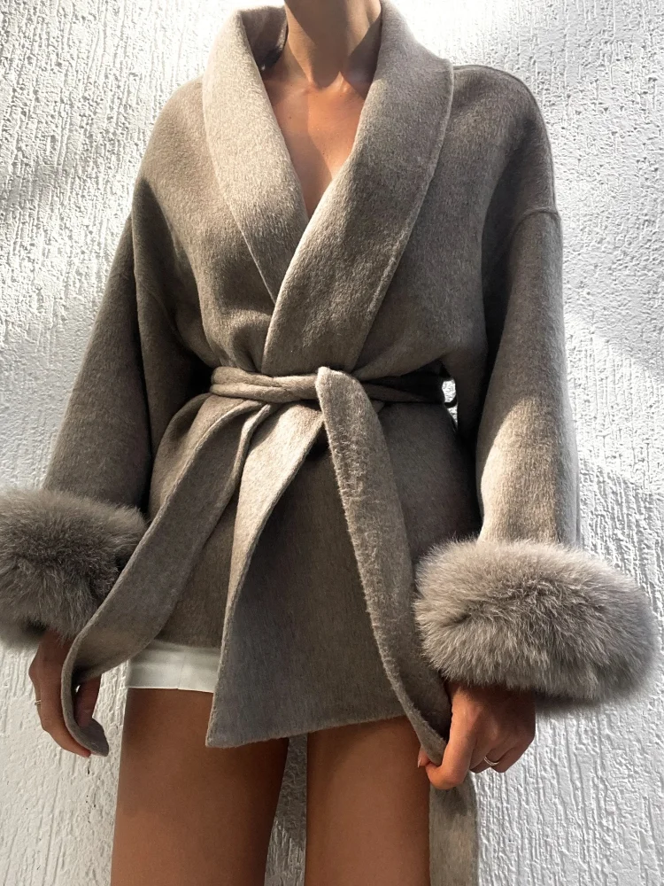 Elegant Lace Up Woolen Short Coat Solid Loose Lapel Furry Belt Long Sleeve Female Jacket 2026 Spring Autumn Lady Chic Cardigan