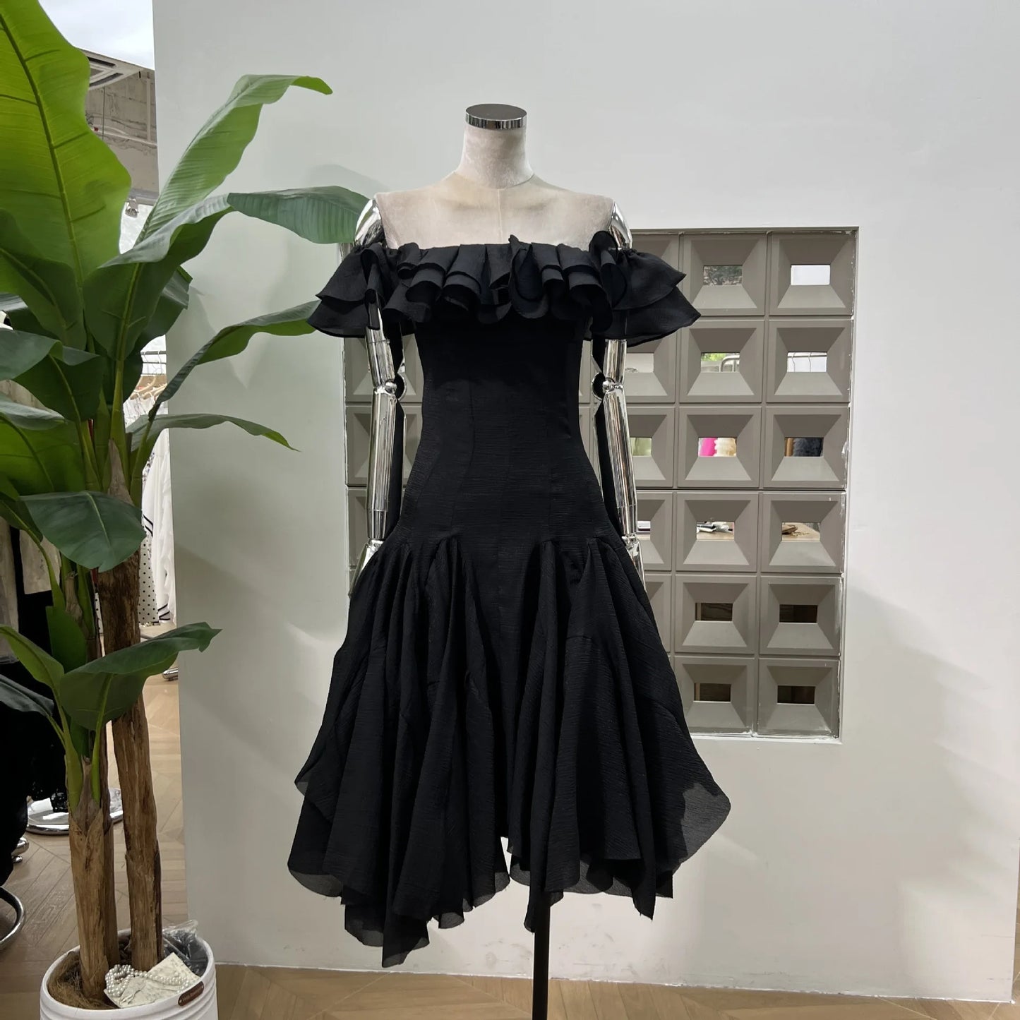 DFDG Women’s Designer Flowy Off-Shoulder Ruffle Solid Color Midi Evening Gown Birthday Party Spring Summer 2025 Womens Dresses