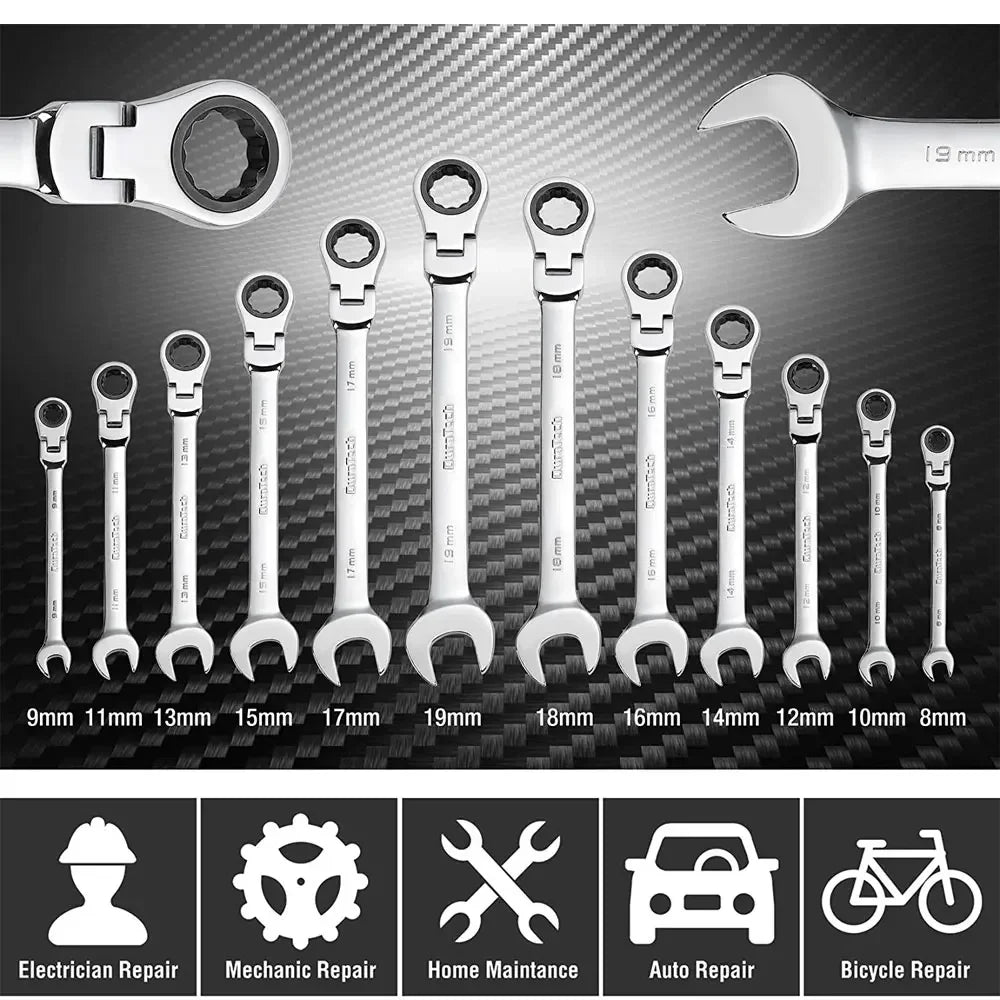 Adjustable Ratchet Wrench 6mm-19mm Quick Repair Hand Tool for Bike Car Mechanical Workshop Key Socket Kit Hand Tool Box