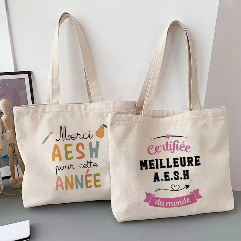 Merci Aesh French Printed Women Tote Bag Canvas Shopping Bags Female Shoudler Bag  Travel Handbag Graduate Thanks Gift for Aesh