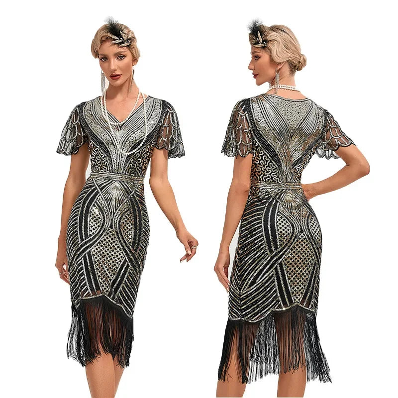 New Sexy Women's 1920s Gatsby Flapper Dress Sequin Art Deco Roaring Gatsby Dress with Short Sleeve Vintage Flapper Dresses