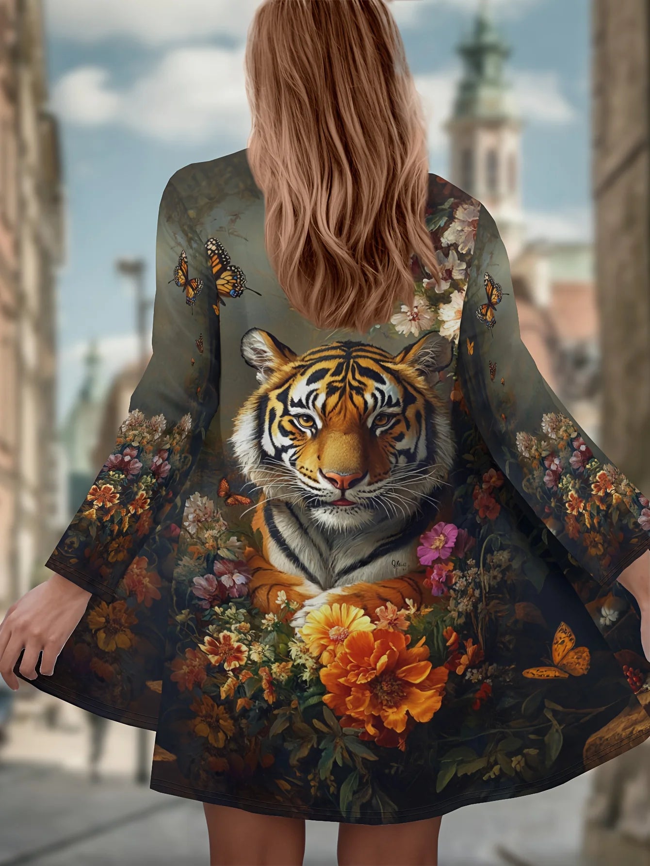 Women's Winter Jacket with 3D Tiger and Lion Animal Prints, Front-Opening Loose Fit Cape, Casual Polyester Women's Clothing