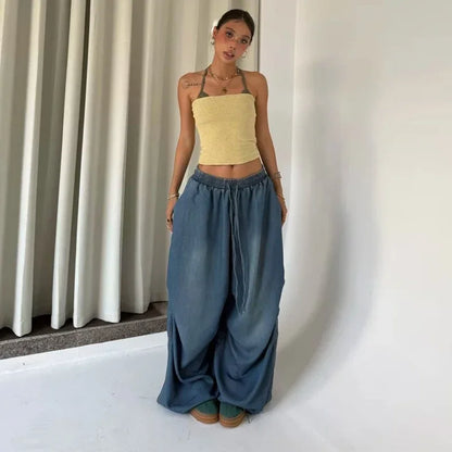 Autumn Oversized Women Wide Leg Jeans Y2K Hip Hop Streetwear Loose Denim Pants High Waist Drawstring All Match Straight Trousers